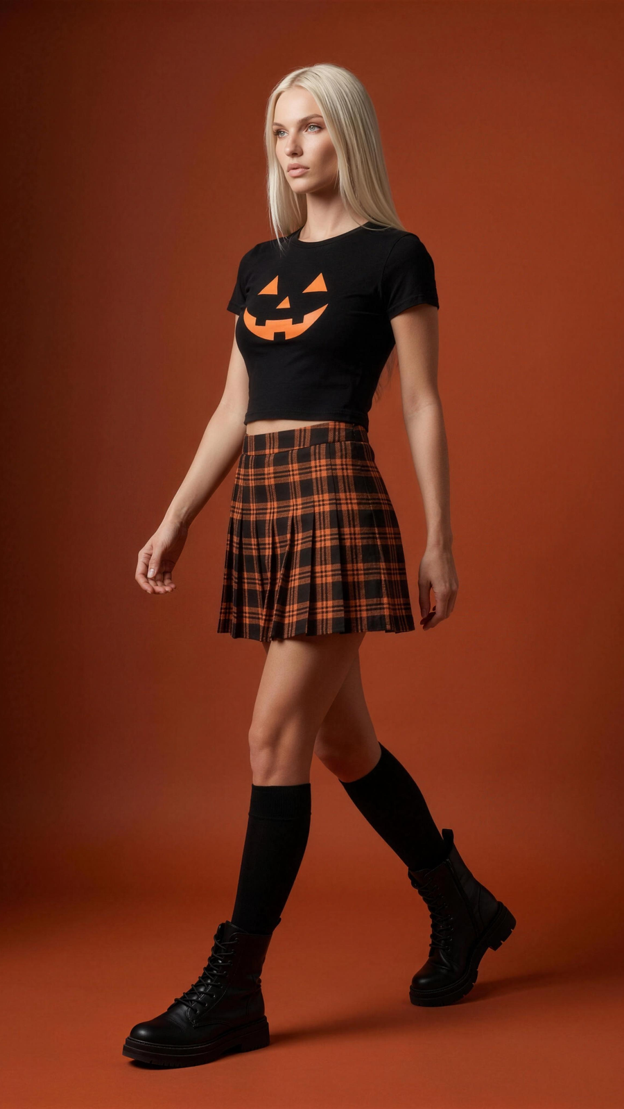 Halloween Kollektion – Model im Jack-o-Lantern Crop Top und Karo-Minirock (Mobile)